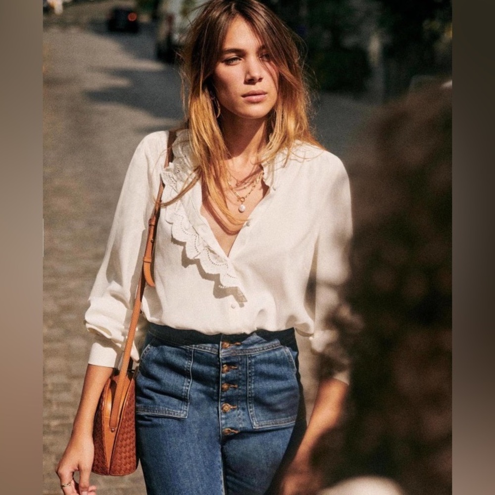 Sezane Cream Ruffle V-Neck Blouse